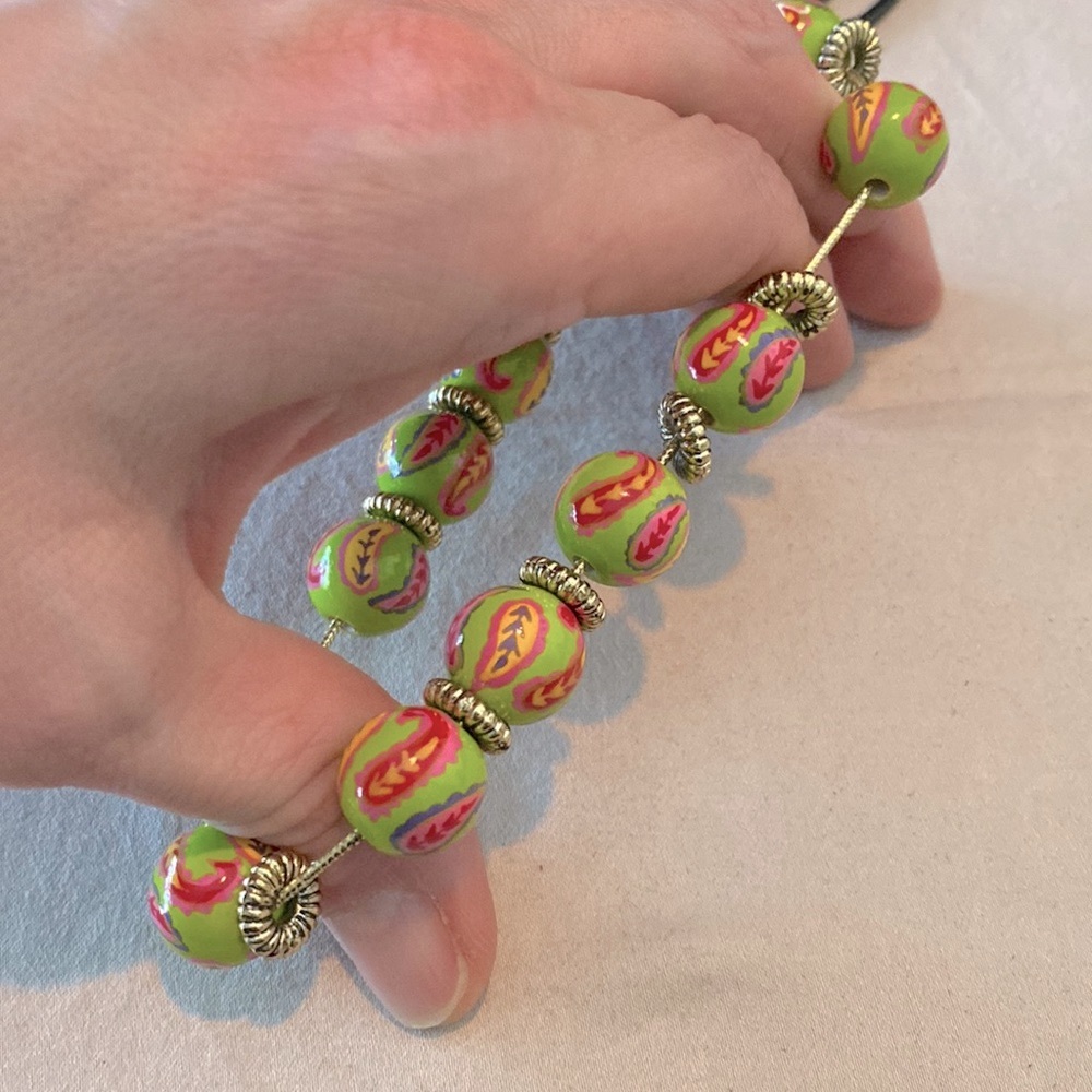Angela Moore hand painted beaded bracelet - Paisley Green Pink Multi - Picture 3 of 5